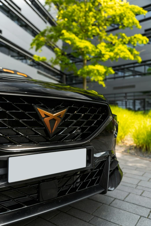 the front grille on a car in front of a building