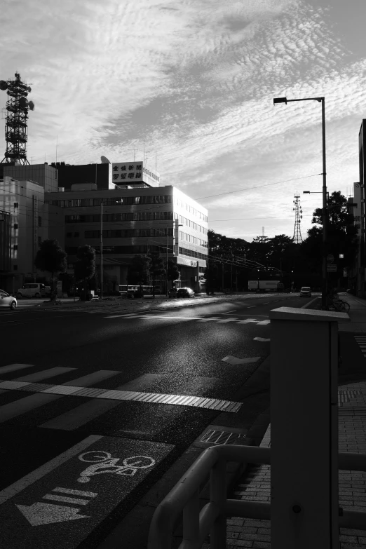 a black and white view of the city streets