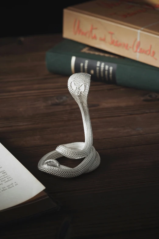 a snake sitting on top of a table next to a book