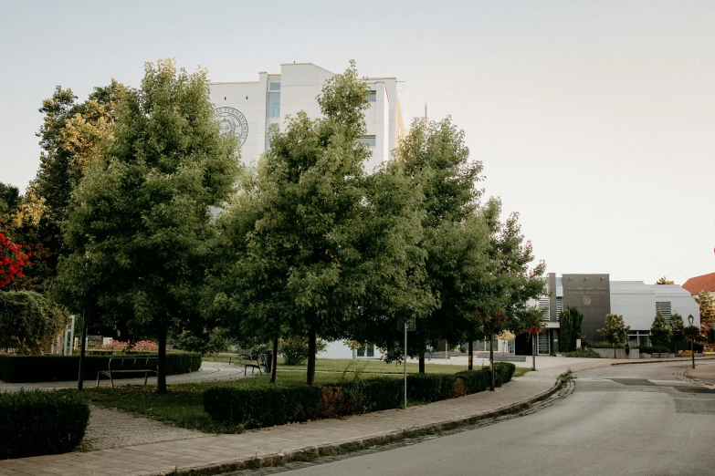 there is a road with lots of green trees in the foreground and a building