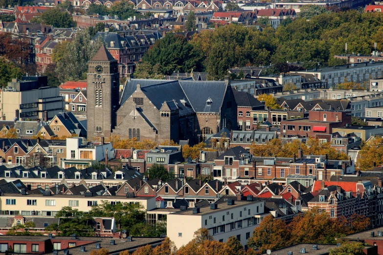 a view of buildings and church spires with a forest in the background