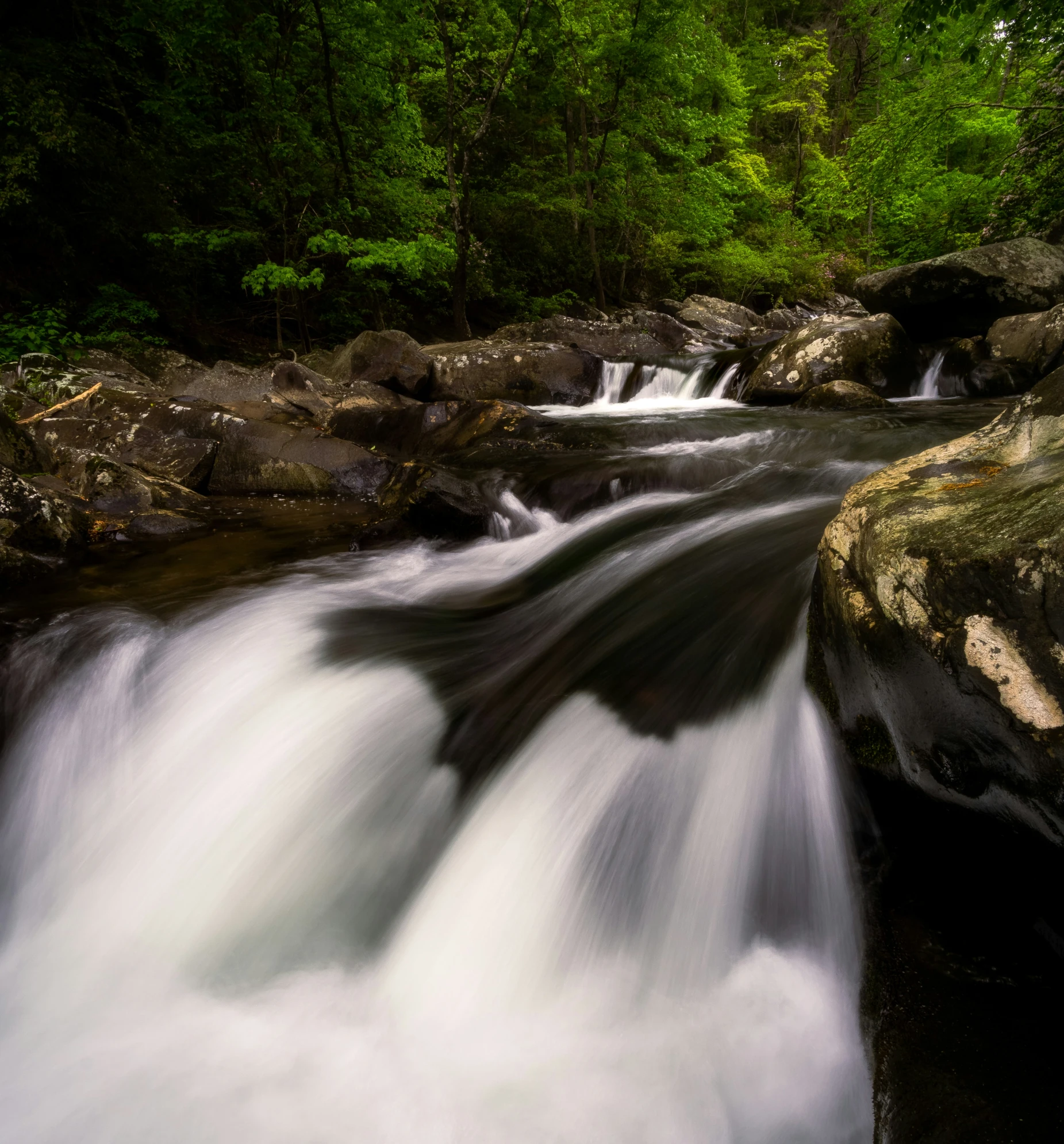 a waterfall that has some rocks and trees around it