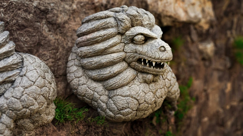 statue of a monster holding a dead egg on a cliff