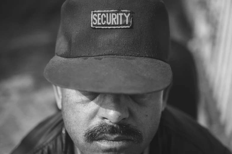 man in military hat with security sticker on his cap