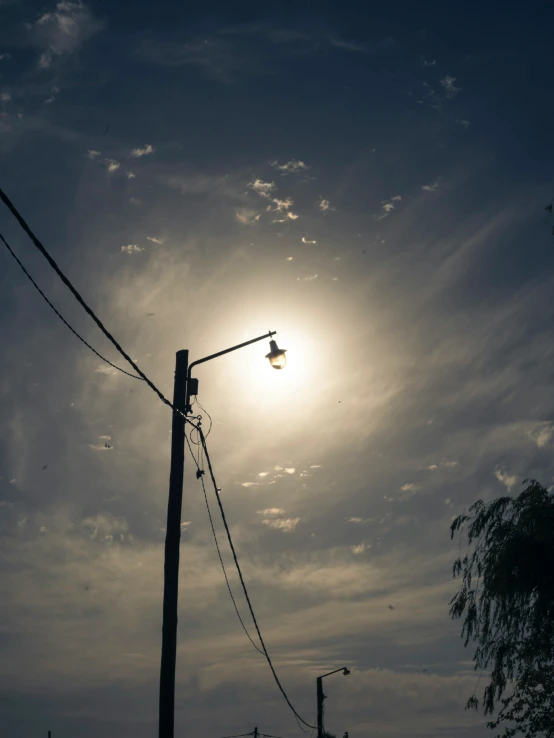 the light is shining brightly over the power lines