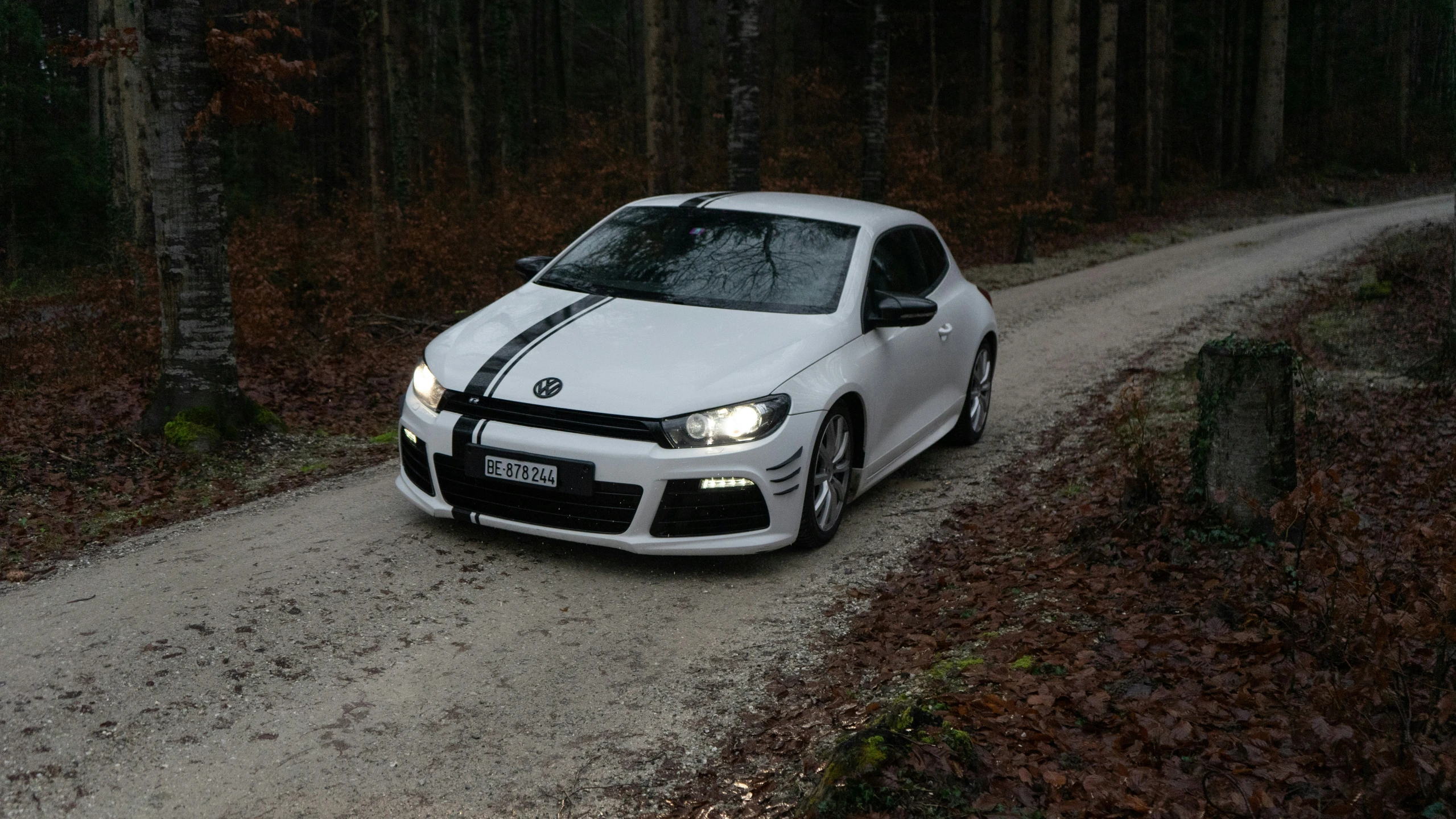 the car is driving down the road in the dark woods