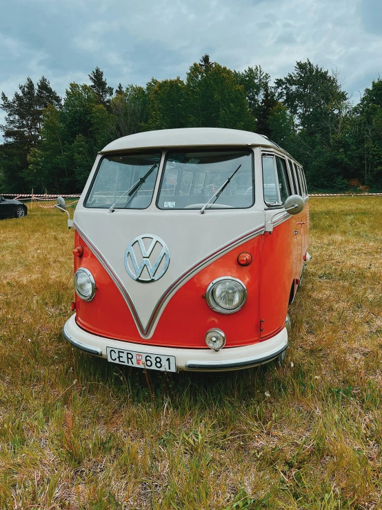 a very old and worn volkswagen type van is in a grass field