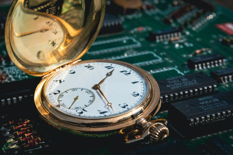 an open pocket watch sitting on top of a mother board