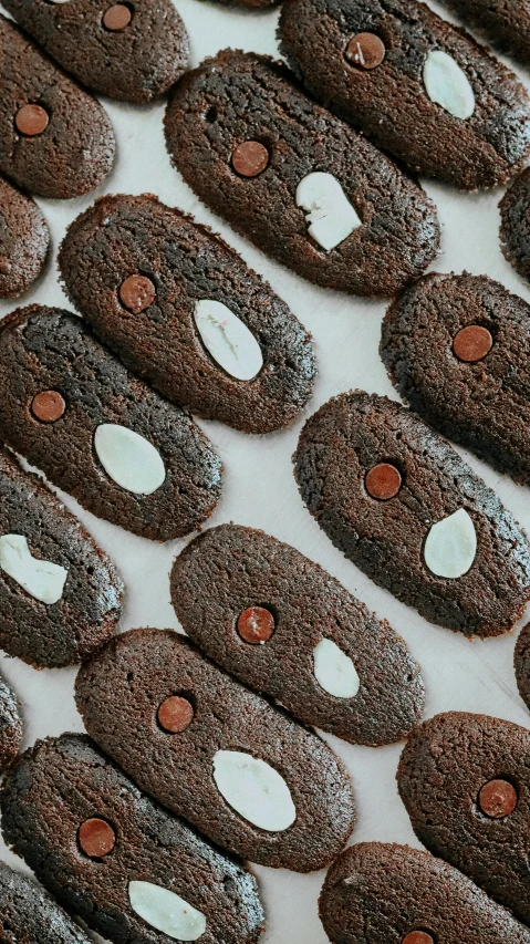 several cookies with different icing shapes and brown dots