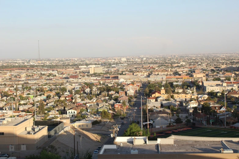 a view of an aerial cityscape, including tall buildings