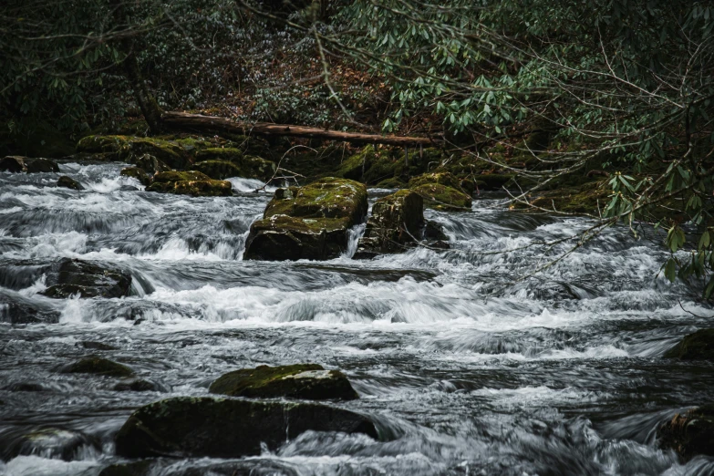 a man walking across a river surrounded by rocks