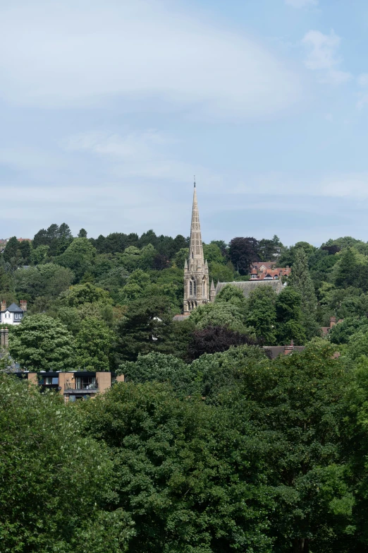 the view from above of a town and trees