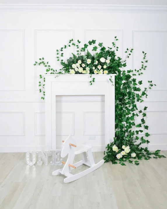 a planter next to a rocking machine sitting on the floor