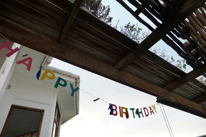 a colorful happy birthday banner hanging from the ceiling