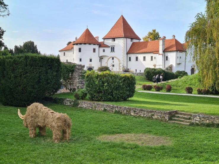 a dog on a lawn and a castle in the background