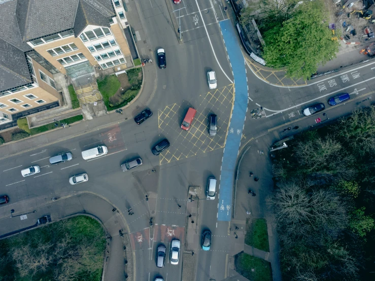 an aerial s shows two intersections in an urban setting