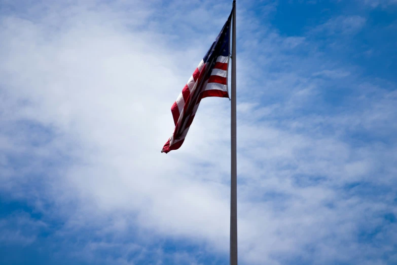 a small american flag flying high in the sky