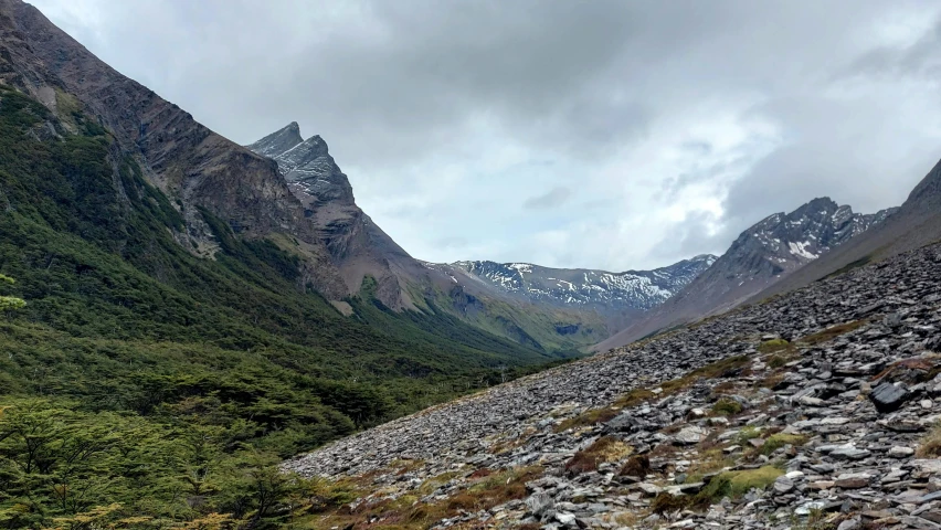 rocky terrain next to mountain range with green plants and rocks