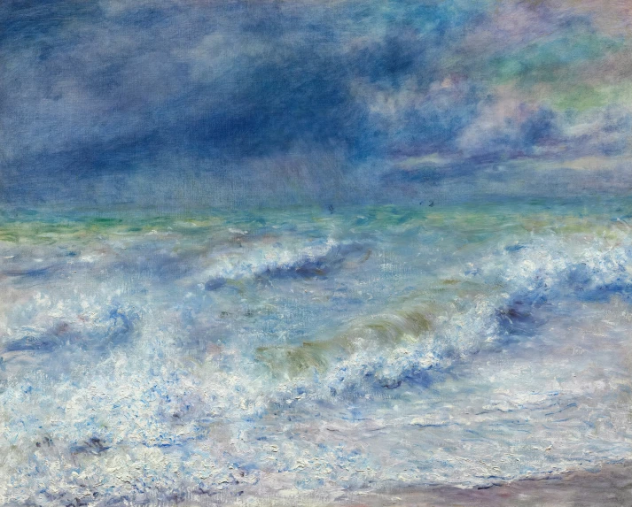 a painting on a board with water, sand and sky