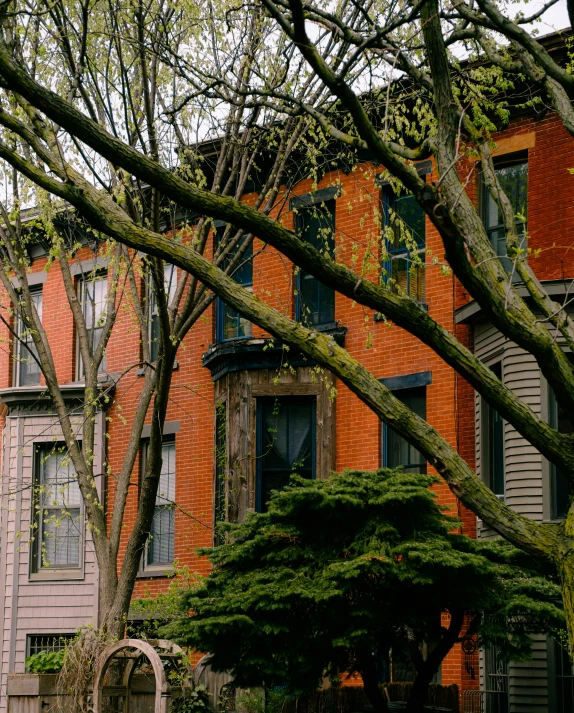 a red brick house sitting next to a tree