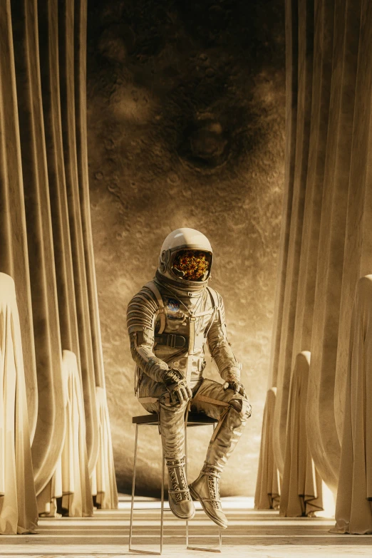 a person dressed in spacesuit sitting on a stool