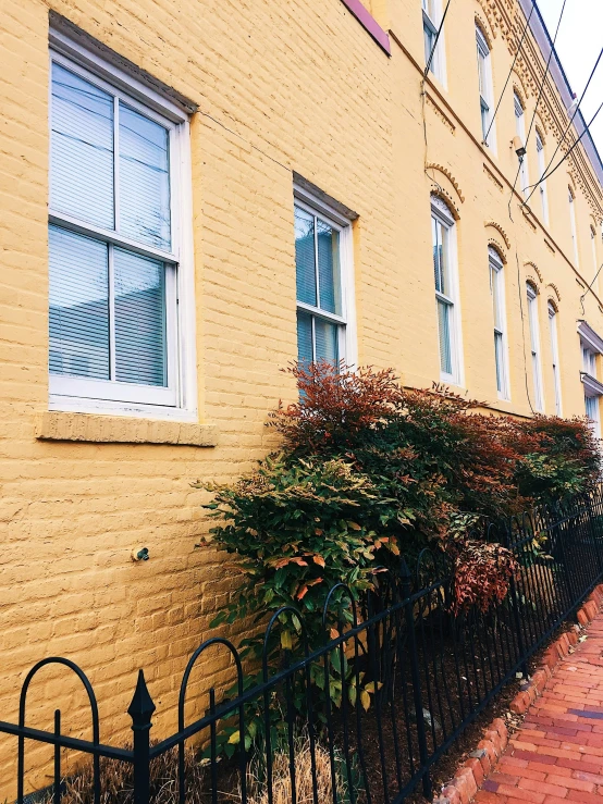 a corner on an orange brick building with white windows