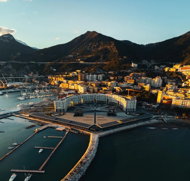 a town surrounded by water with a lot of buildings