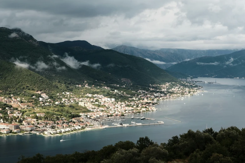 a view over the town and bay on a lake