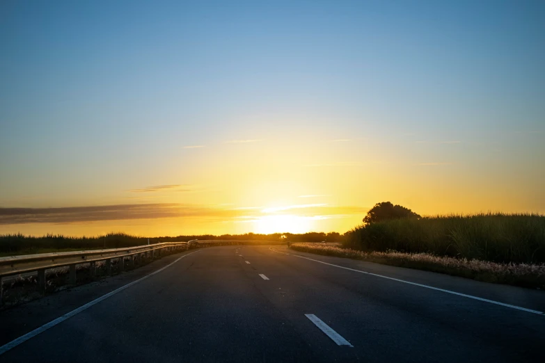 the sun set over a road with trees