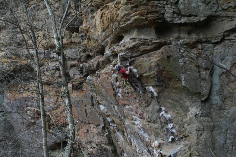 a man climbs up the side of a cliff with trees