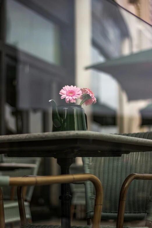 flower in a green vase placed on a wooden table
