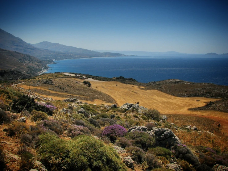 mountains and grassy land overlook an ocean