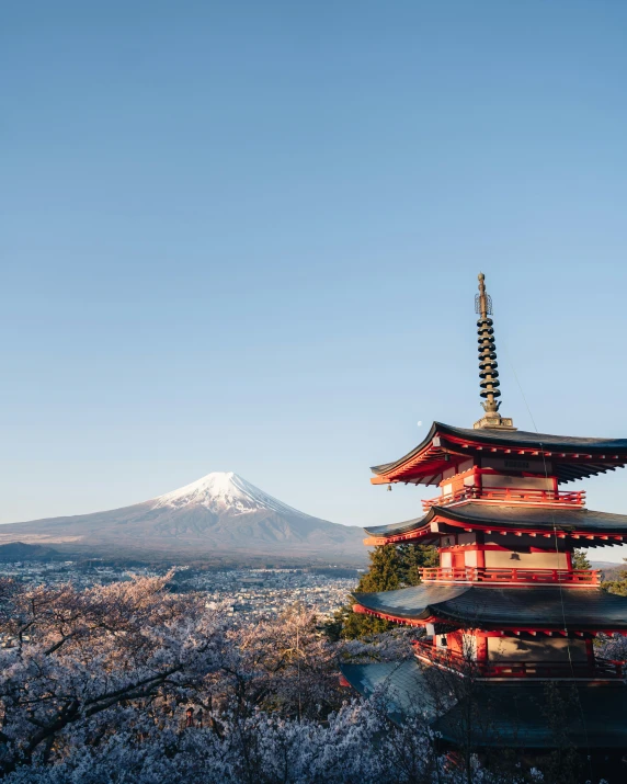 the pagoda with mountains and trees behind it