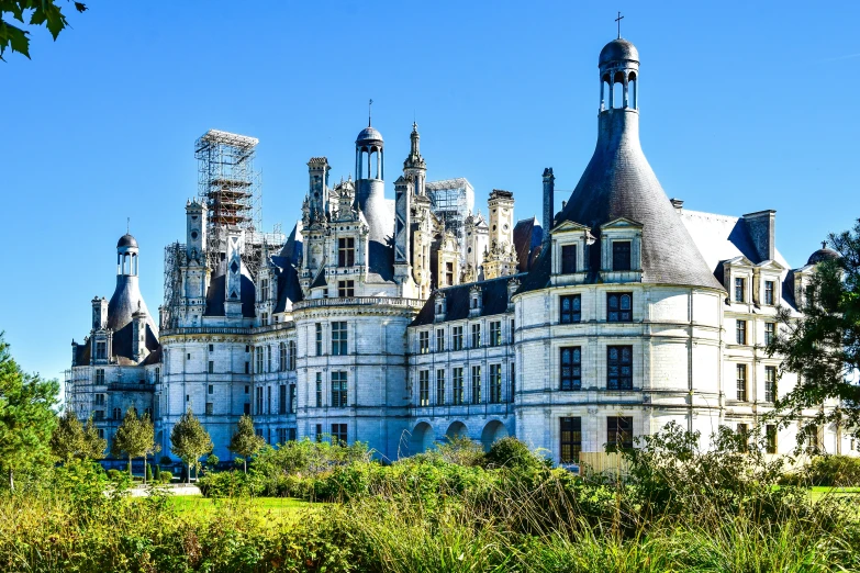 a large building with lots of towers surrounded by trees