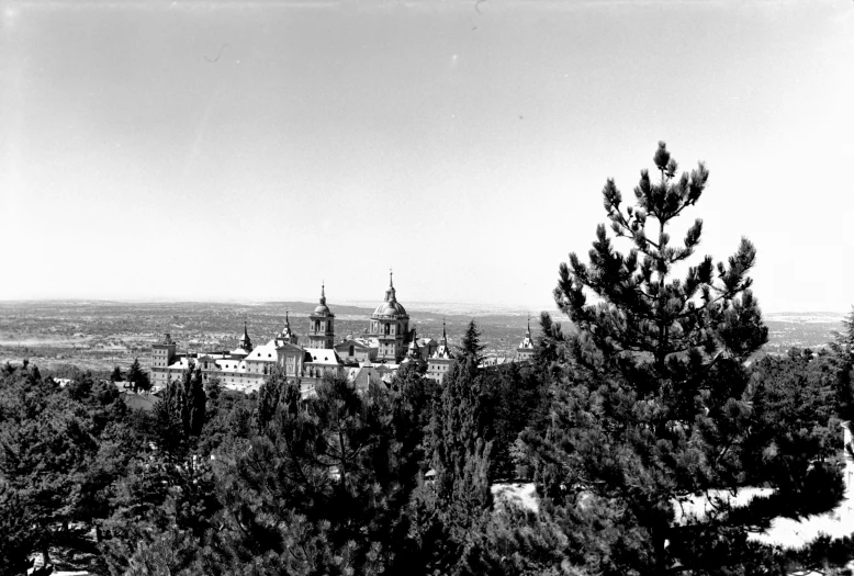 a black and white po of buildings in the distance