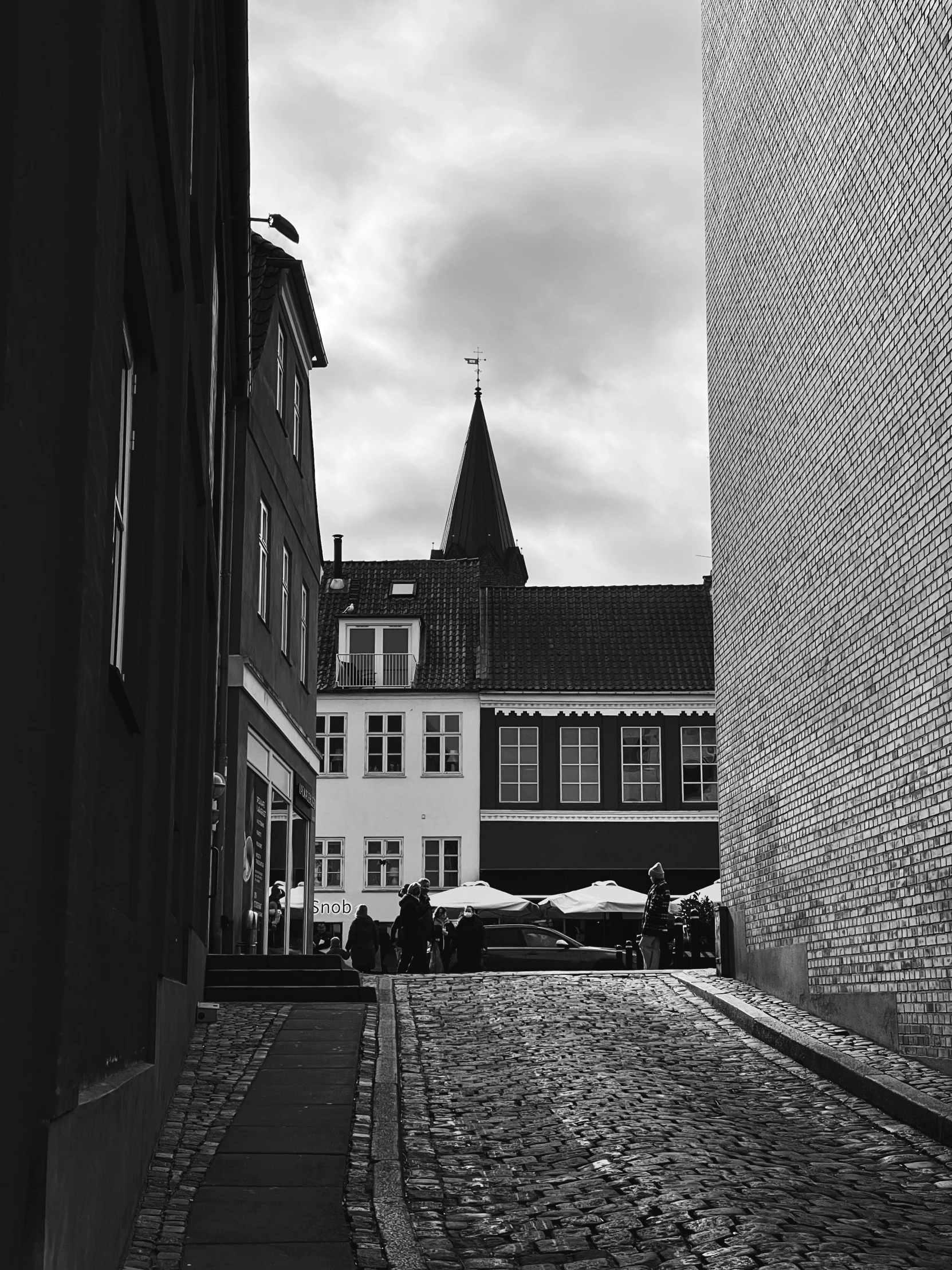 a black and white po of a building and trees