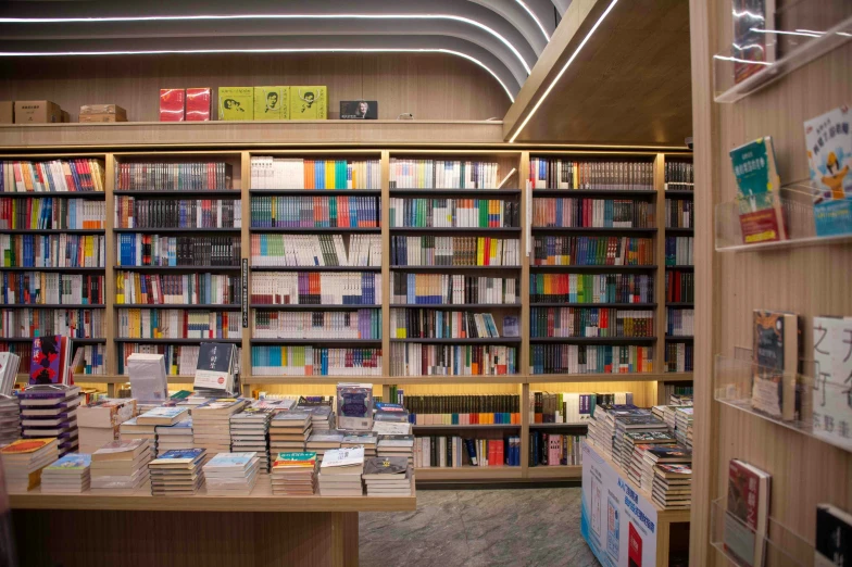 a very well - lit room with several book shelves with many books on it