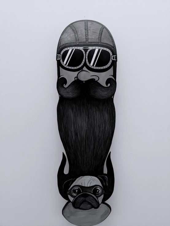 a skateboard is painted with a beard and mustache