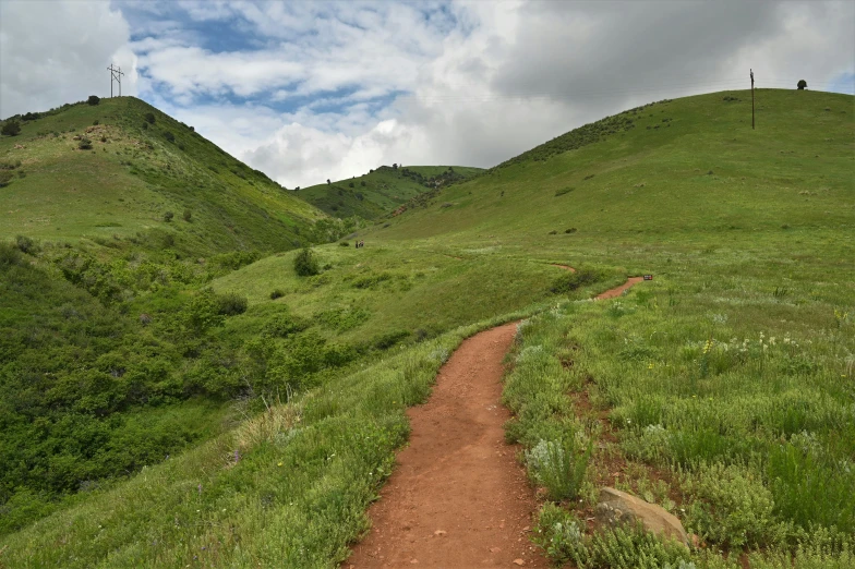 green hills with grass growing on the tops and a dirt path leading to them