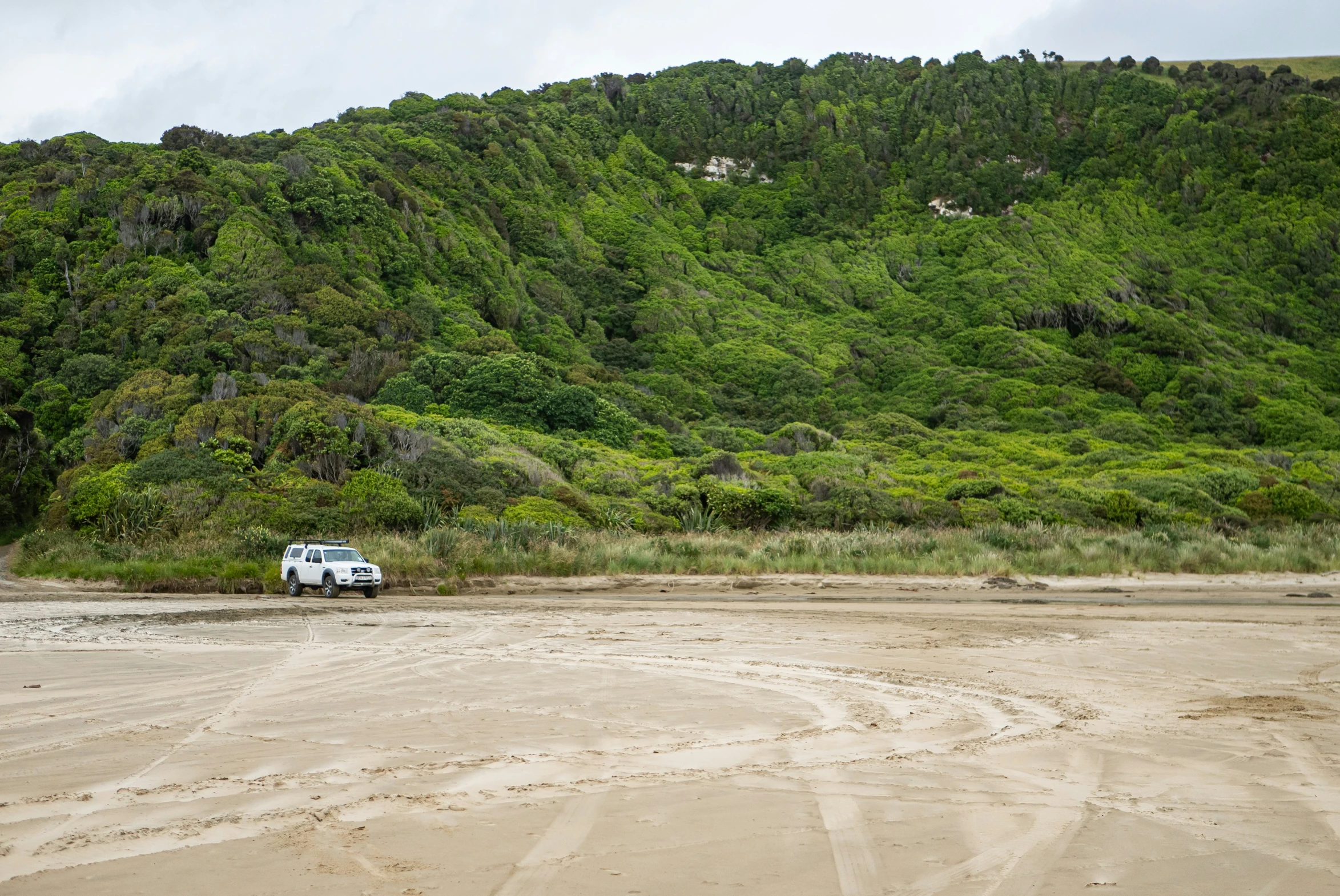 an suv sitting on top of a dry field in front of a mountain