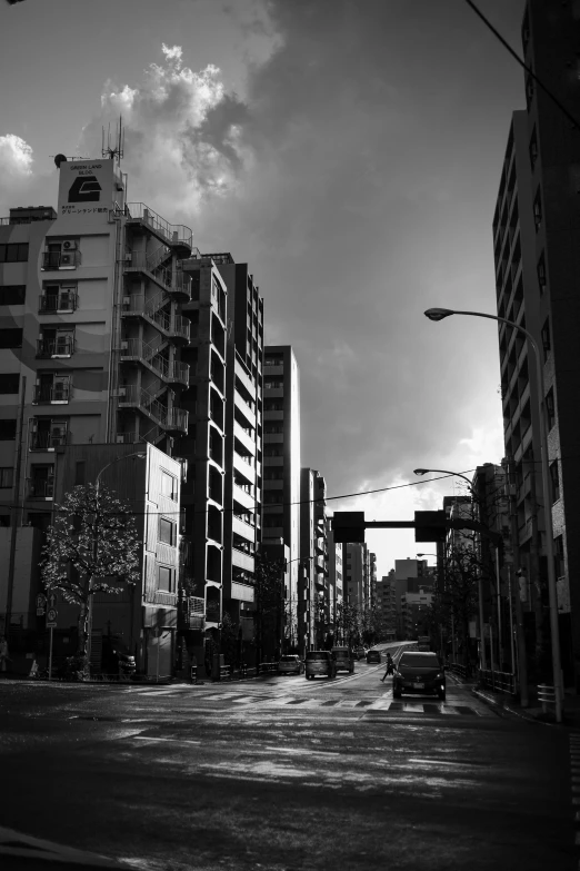 view down an urban street from the intersection