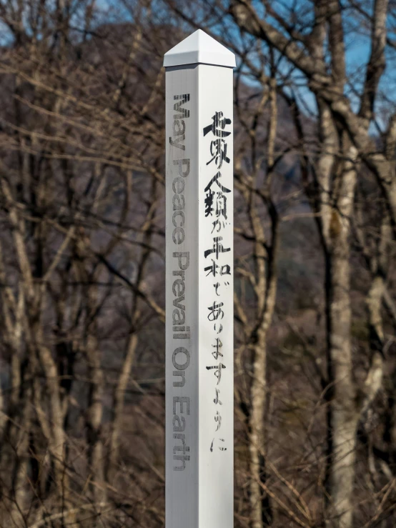 a white sign with writing and trees in the background