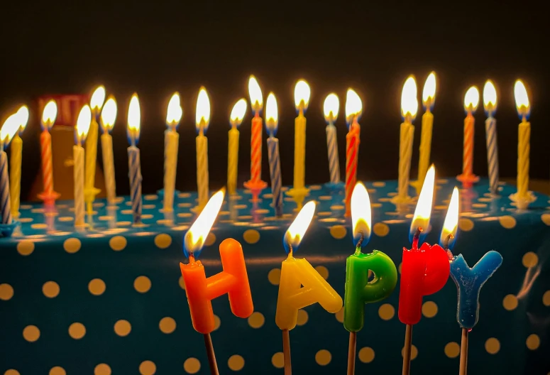 colorful birthday candles lit to form the word happy