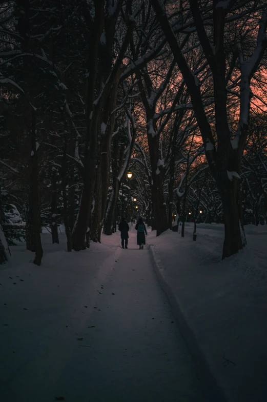 two people walking down a snow covered road at night