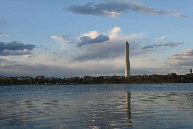 a lake view with trees in the background and clouds in the sky