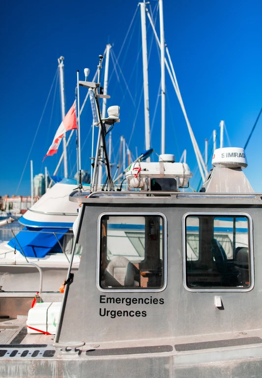 a row of boats on a harbor with flags in the background