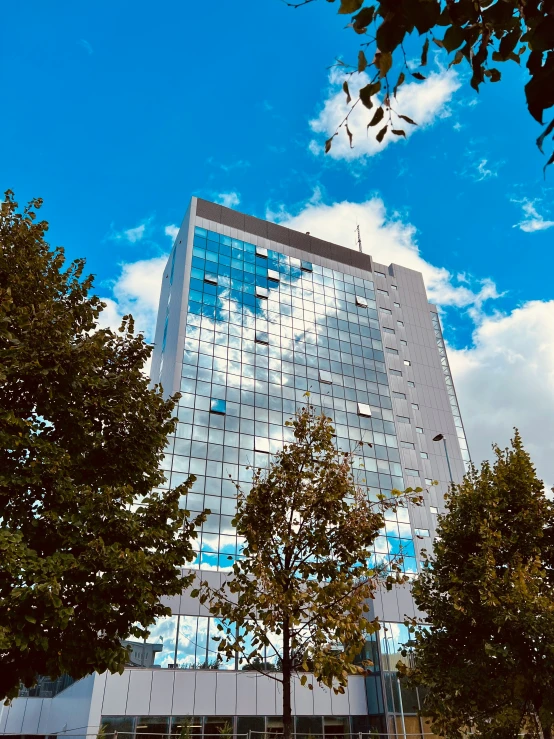 a building that has several trees on the side