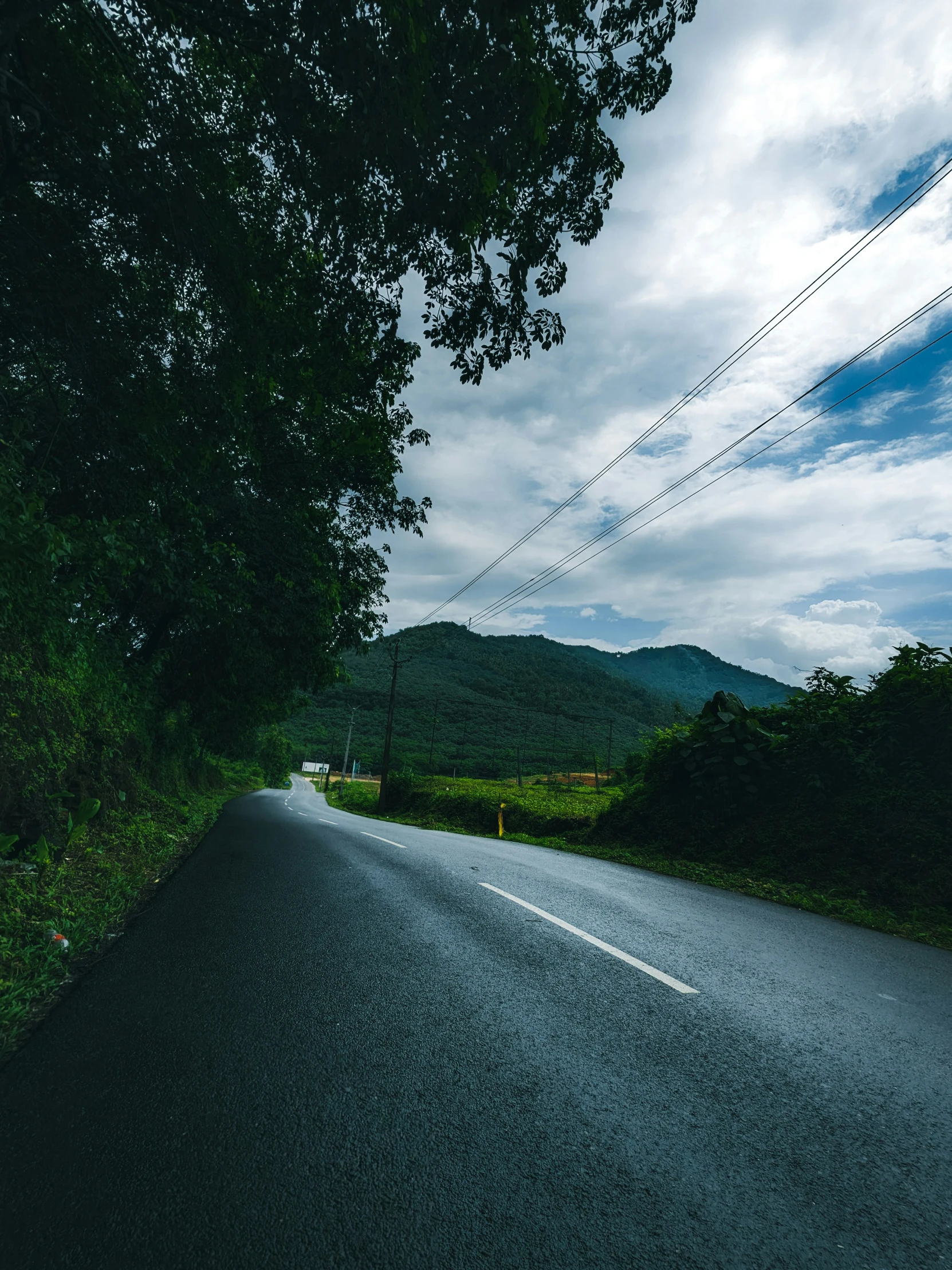 an empty road next to trees with hills in the distance