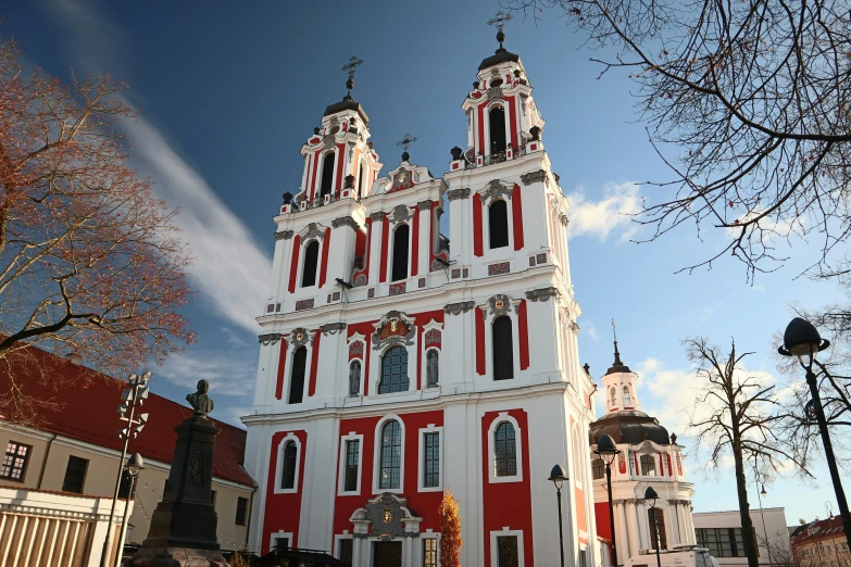 a tall church tower with two bell towers