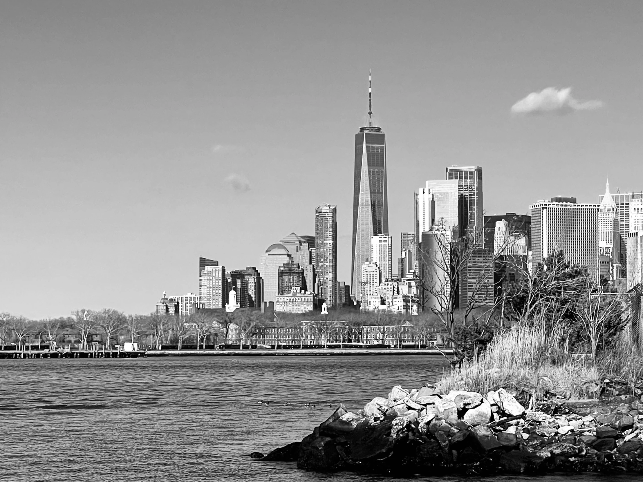 a black and white image of a city skyline